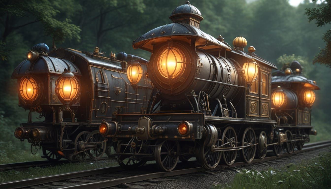 Whimsical Clockpunk Train with Mysterious Cargo