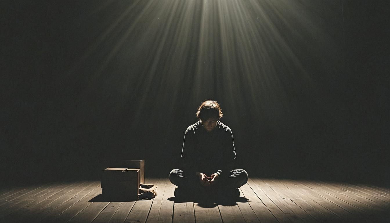 Contemplative Figure on Stage in Dramatic Lighting