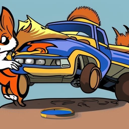 Cartoon Squirrel Pit Crew at Demolition Derby