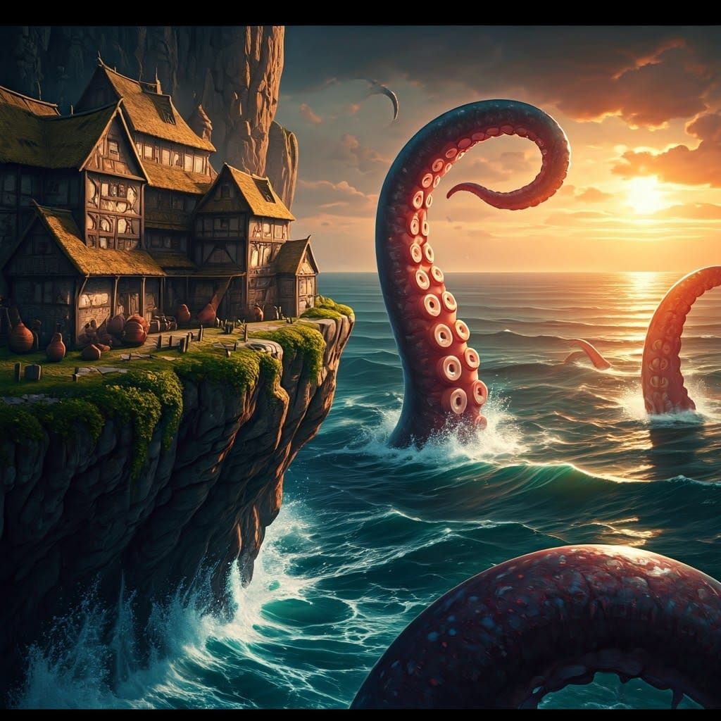 Massive Kraken Devours Cliffside Village in Cyberpunk Fantas...