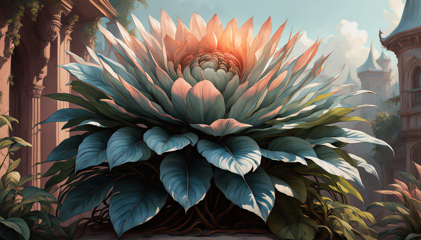 Lush Bohemian House Plant in Whimsical Art Nouveau Style