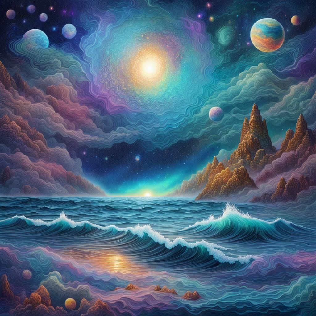 Holographic Astral Seascape in Mixed Media Style