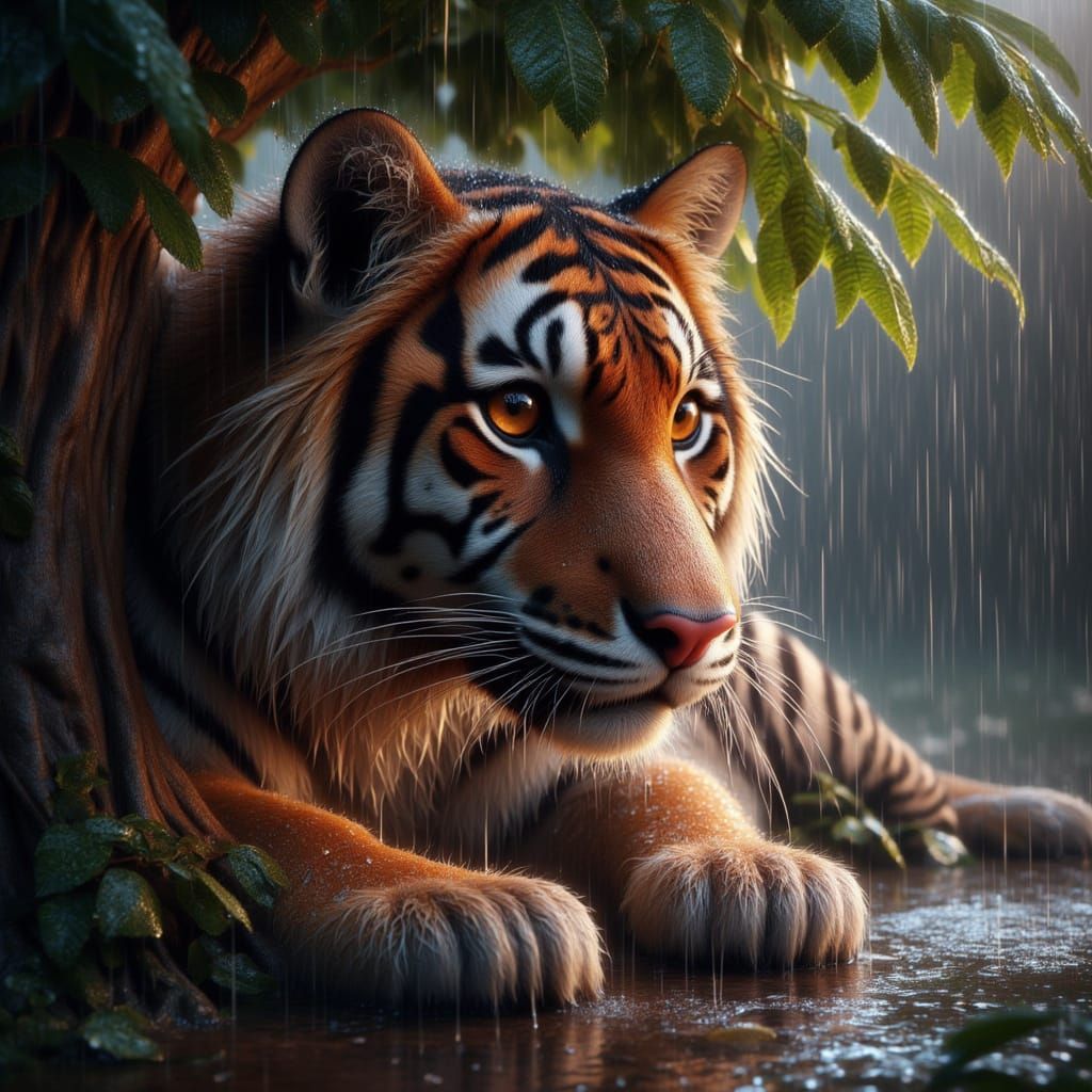 Majestic Tiger Seeks Shelter in Golden Hour Rainstorm