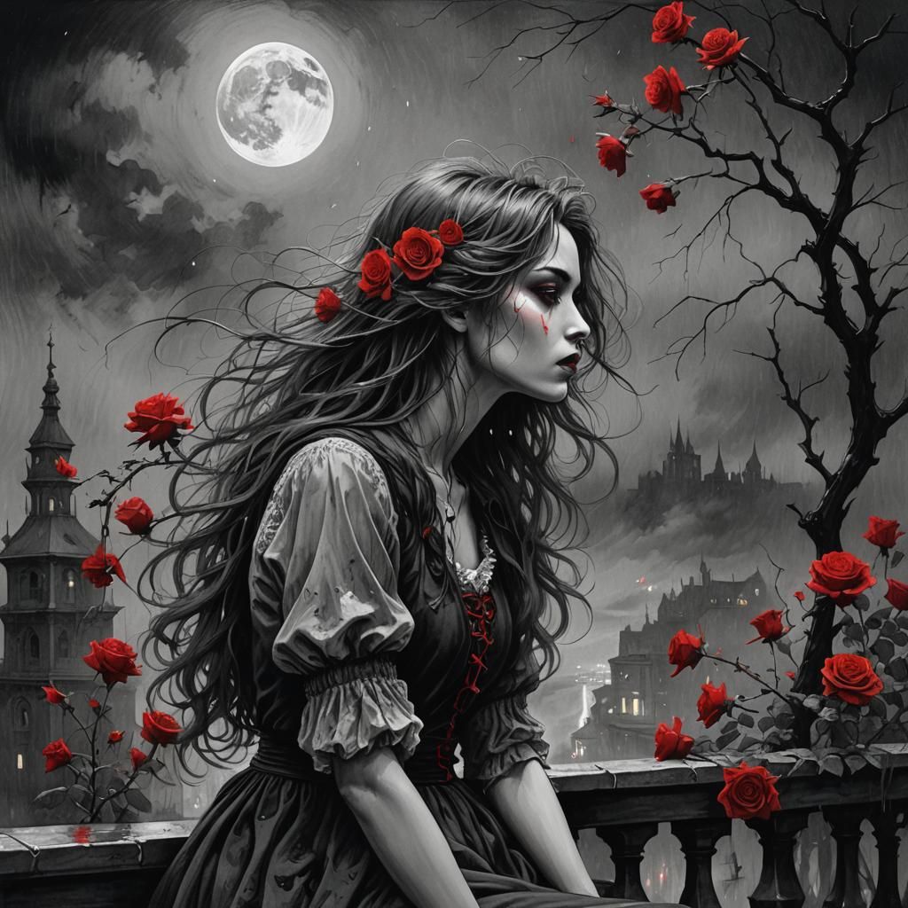 Eerie Girl Stares at Bloody Moon: Pencil Sketch