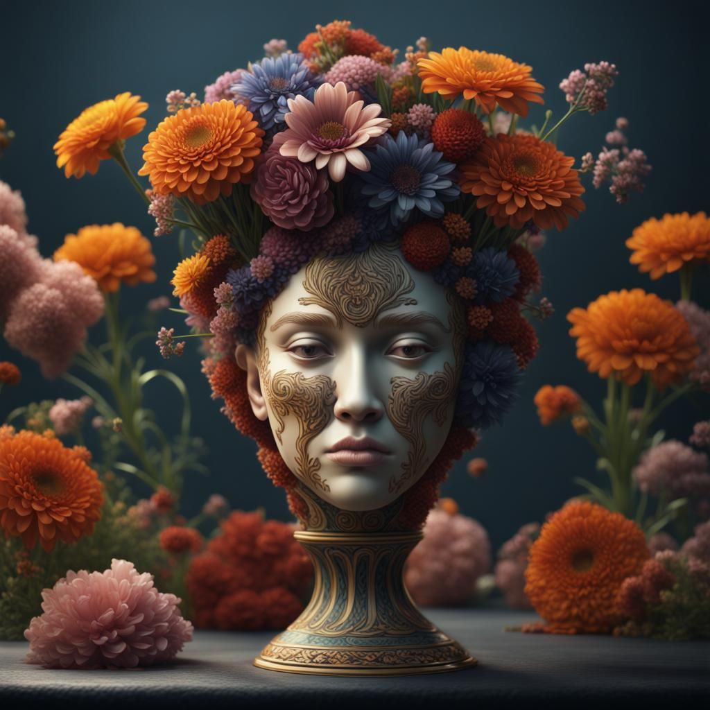 Flowers with Human Faces in Earth Vase