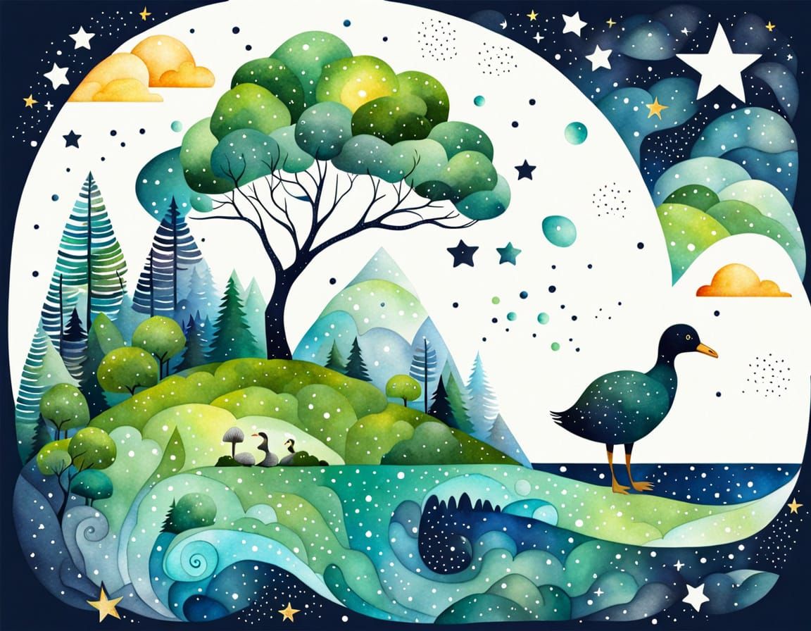 Kiwi-Shaped Landscape: Dreamlike Watercolor Composition