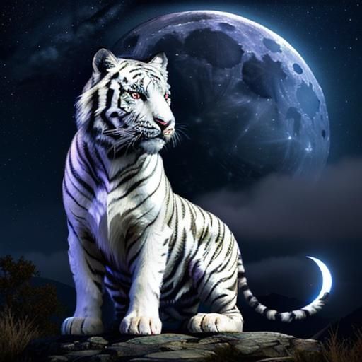 Fantasy White Tiger Under Starry Night Sky