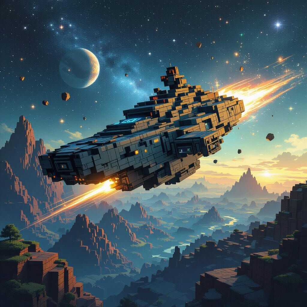 Minecraft Battleship Ascends into Space: Digital Art