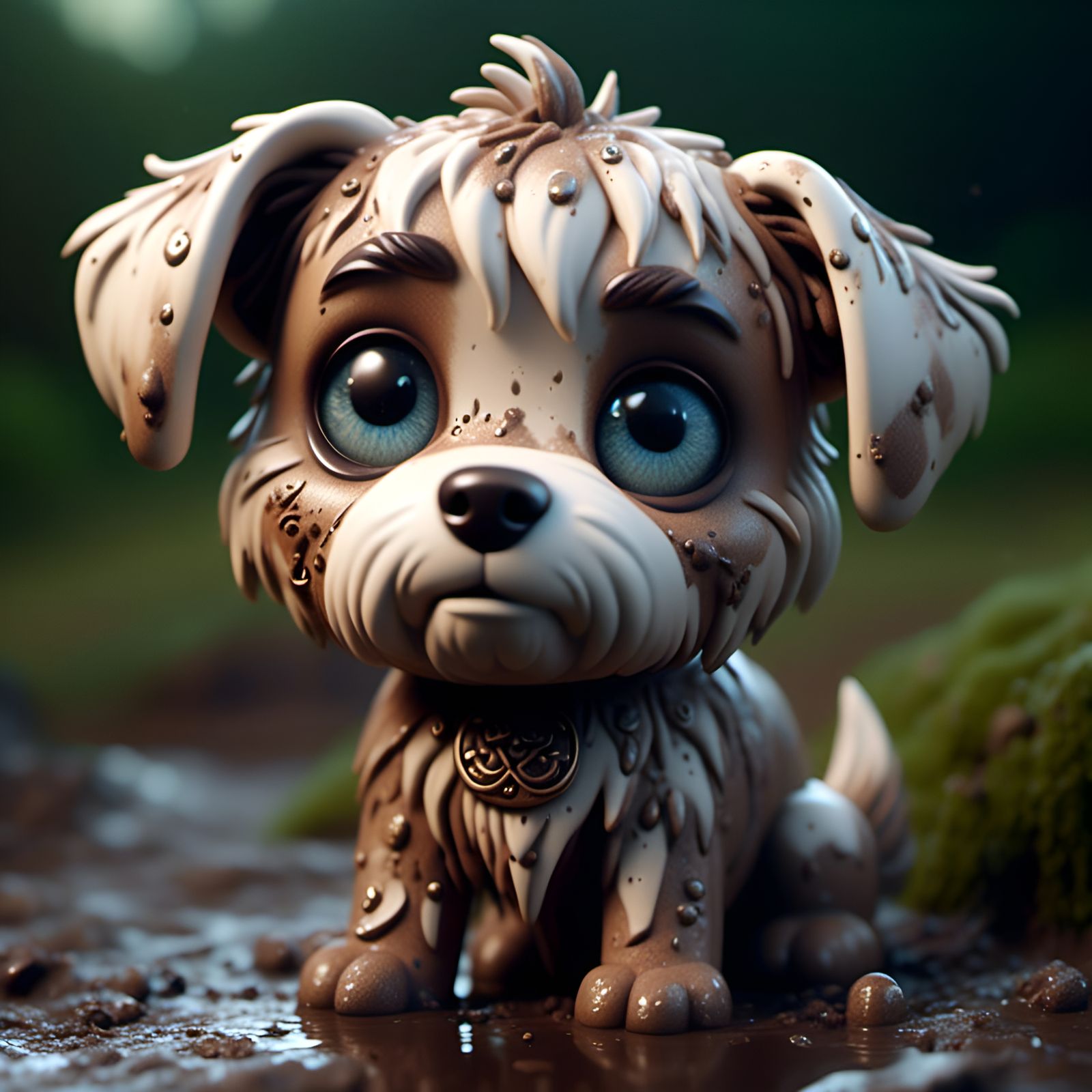 Muddy Chibi Dog Portrait with Soft Fluffy Fur
