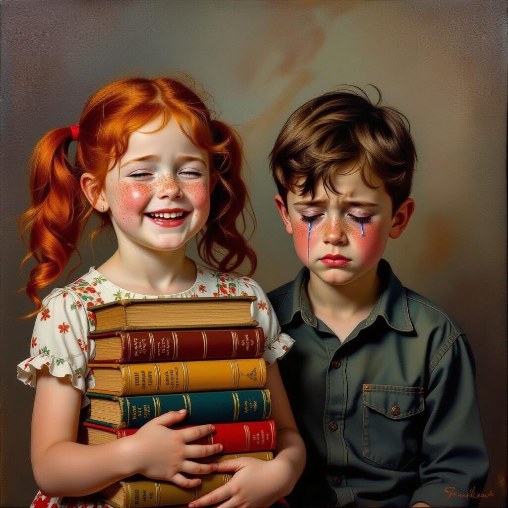 Joyful Girl and Sad Boy in Impasto Oil Painting