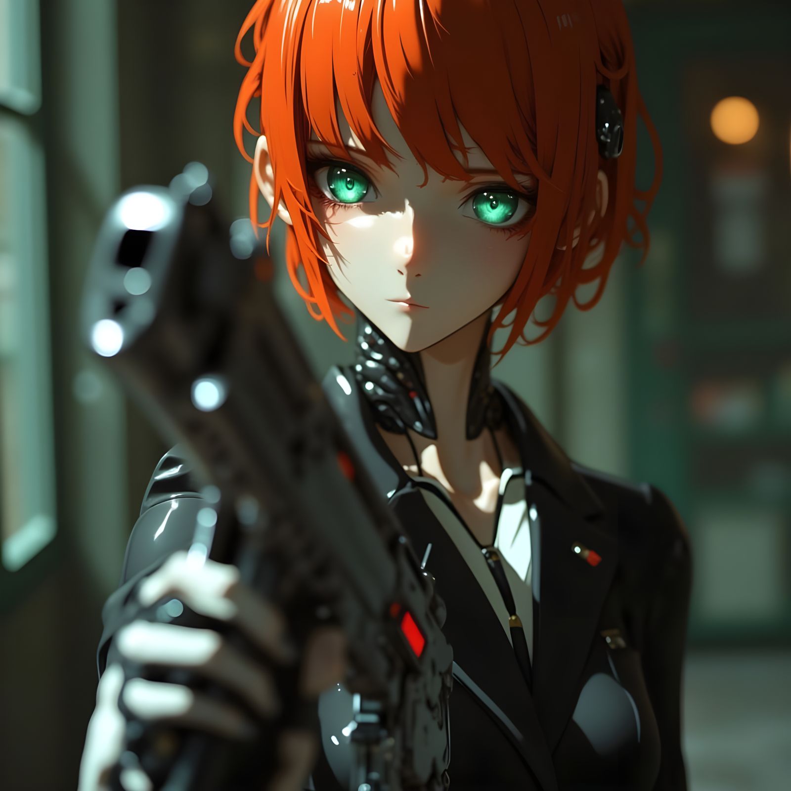 Glamorous Cyberpunk Combat Gynoid in Dark Business Attire