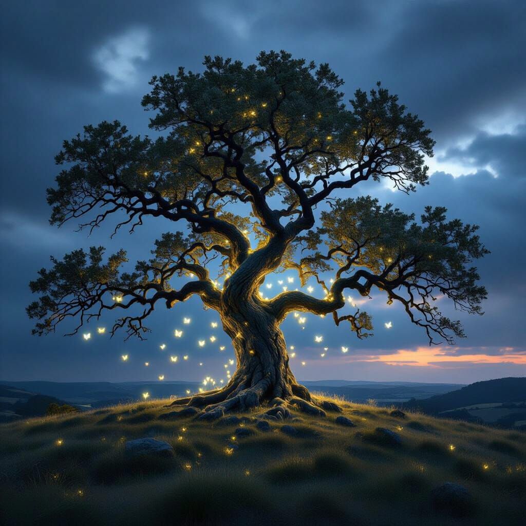 A solitary, ancient oak tree stands majestically on a windsw...