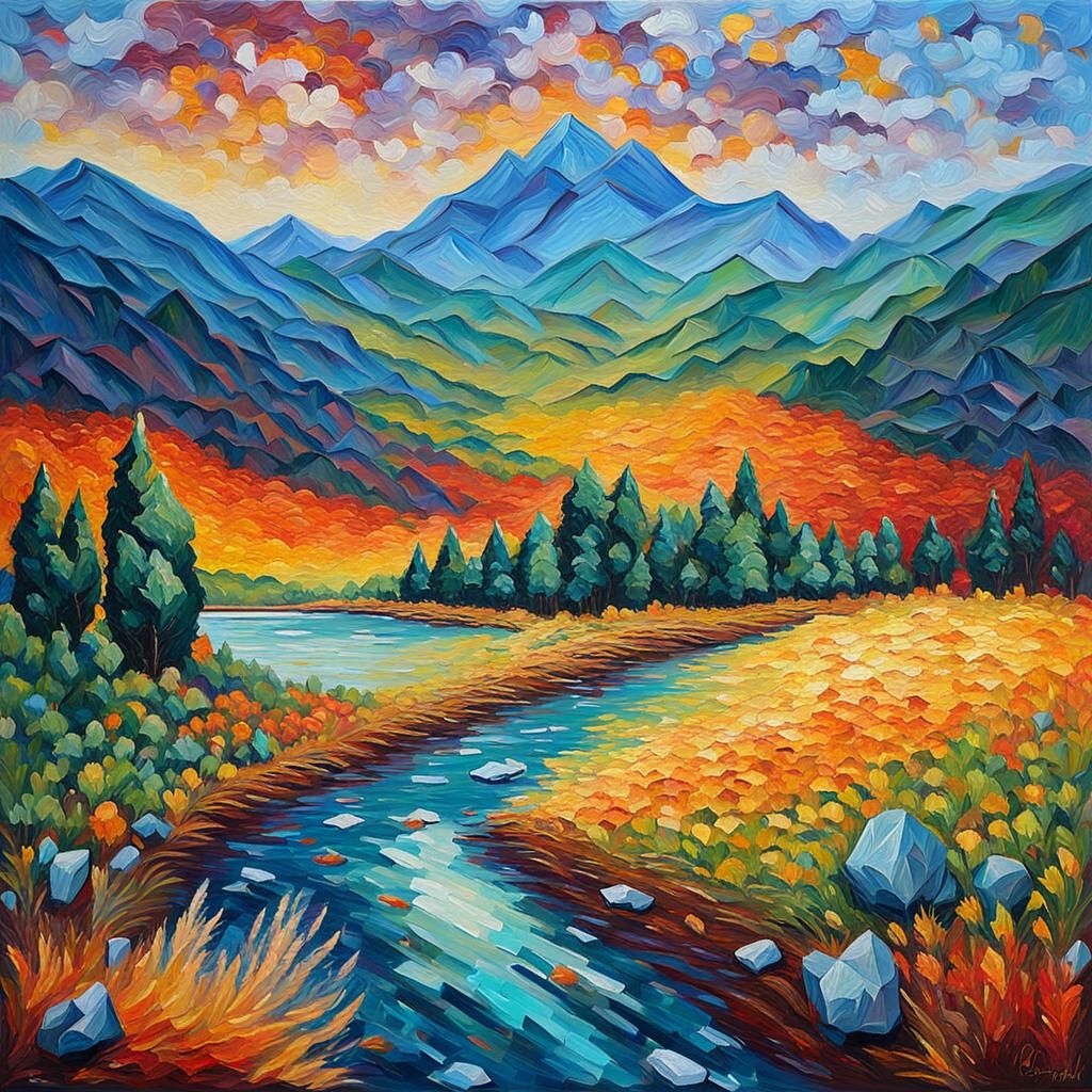 Vibrant Neo-Impressionist Crystal Landscape Oil Painting