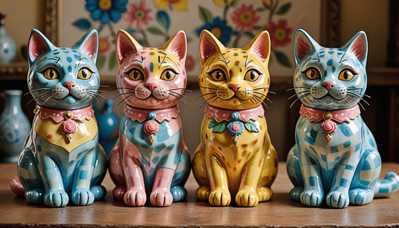 One blue gingham colored cat statue (see no evil), 
(hear no...