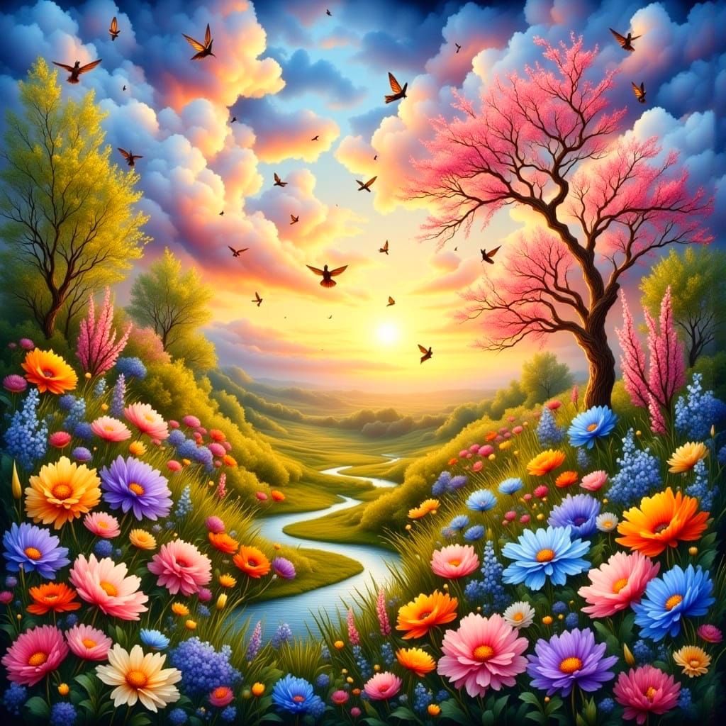 Vibrant Spring Landscape in Antique Watercolor Style