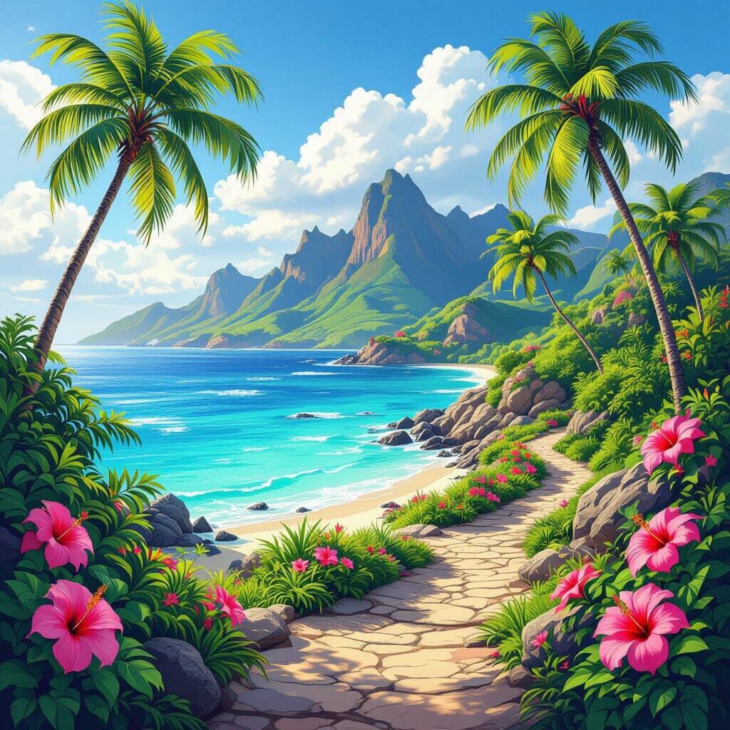 Tropical Paradise Digital Painting with Rocky Path and Turqu...