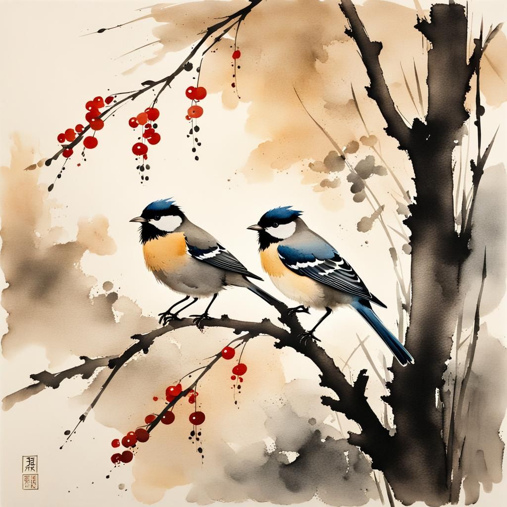 Birds on Branches: Muted Chinese Ink Painting