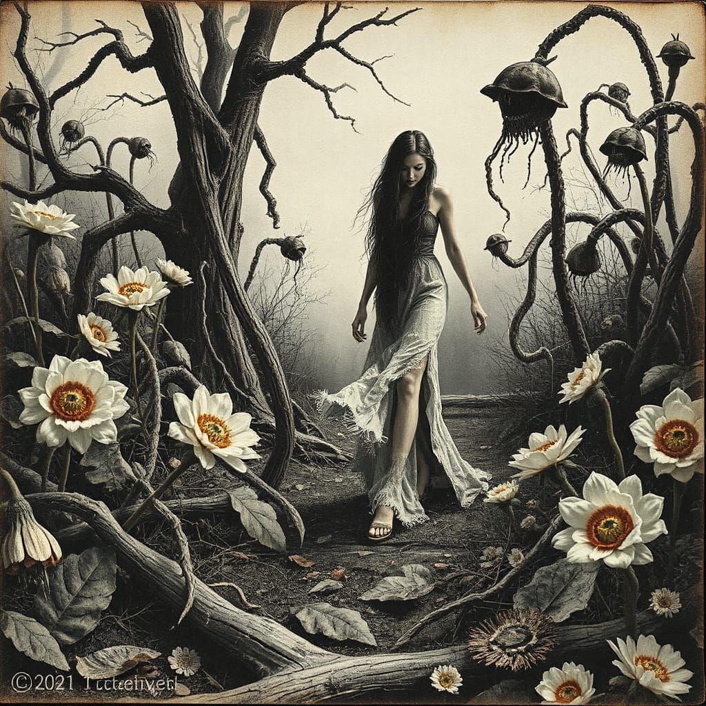 Eerie Garden Scene in Filmic Charcoal Style