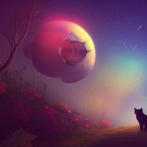 Cute Cat Among Stars: Fantasy Concept Art