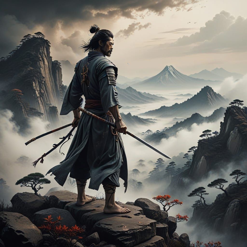 Windswept Warrior: Sumi-e Ink Painting in Japanese Style