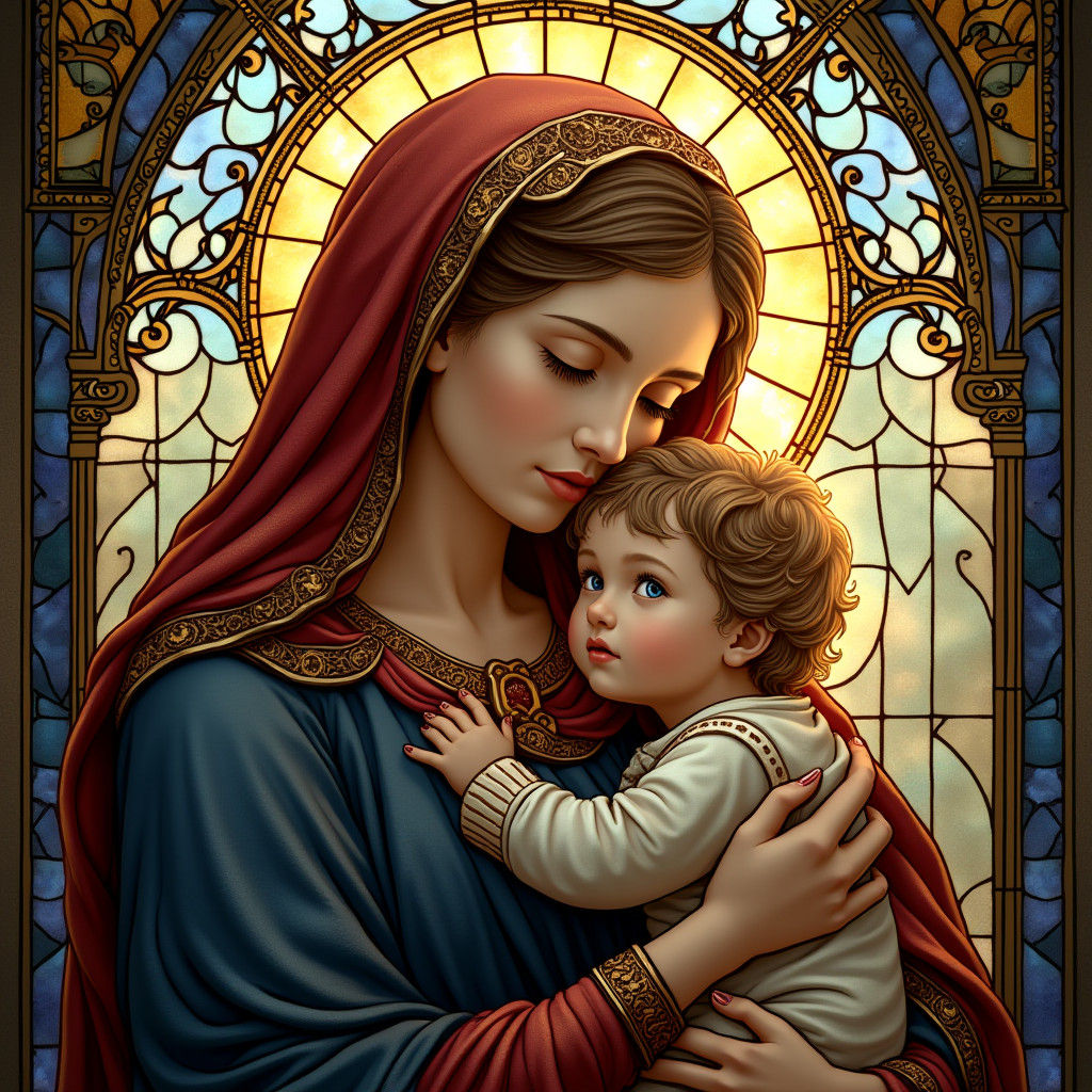 Mother Mary and Jesus in Stained Glass Art Nouveau