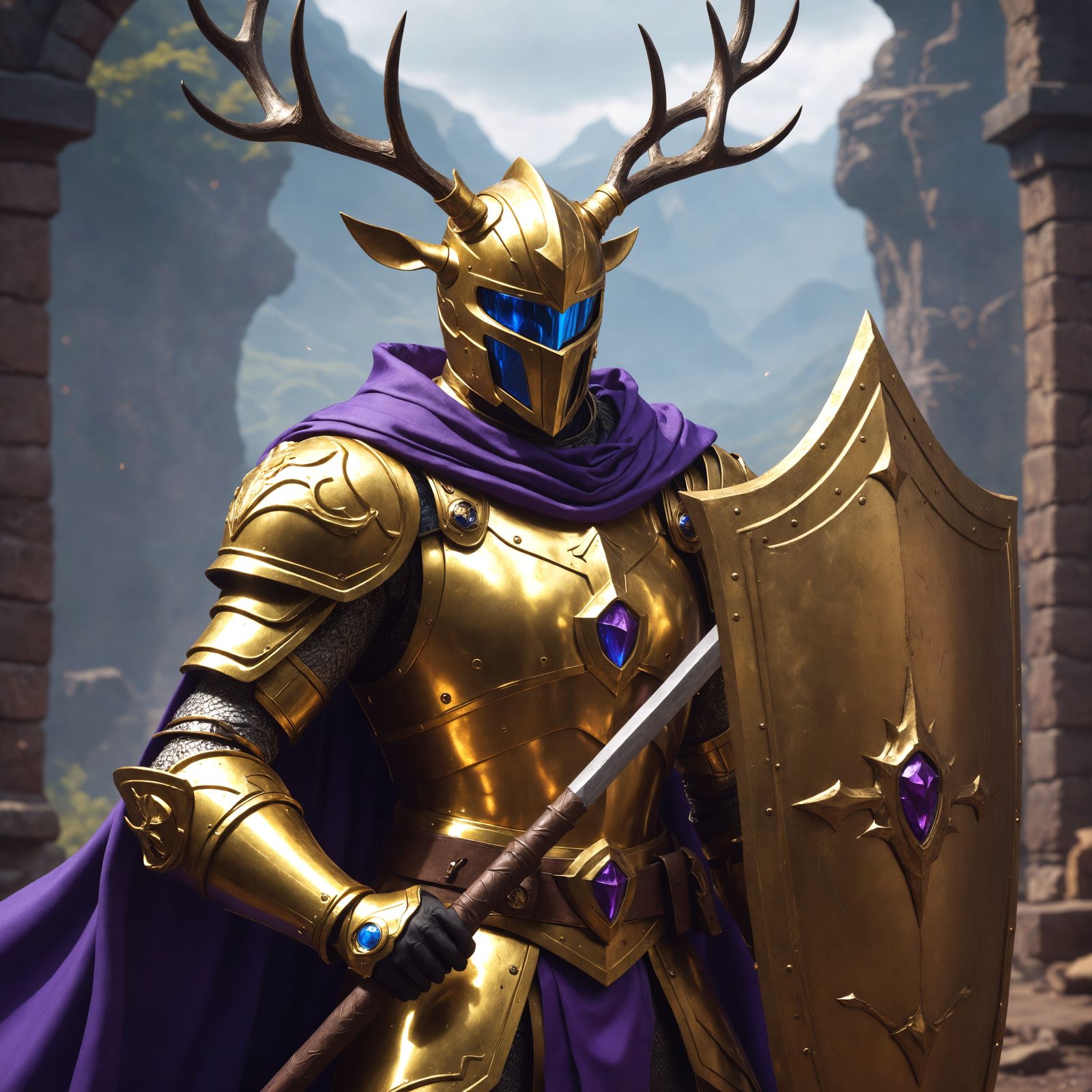 Golden Knight with Antlers in Detailed Matte Painting
