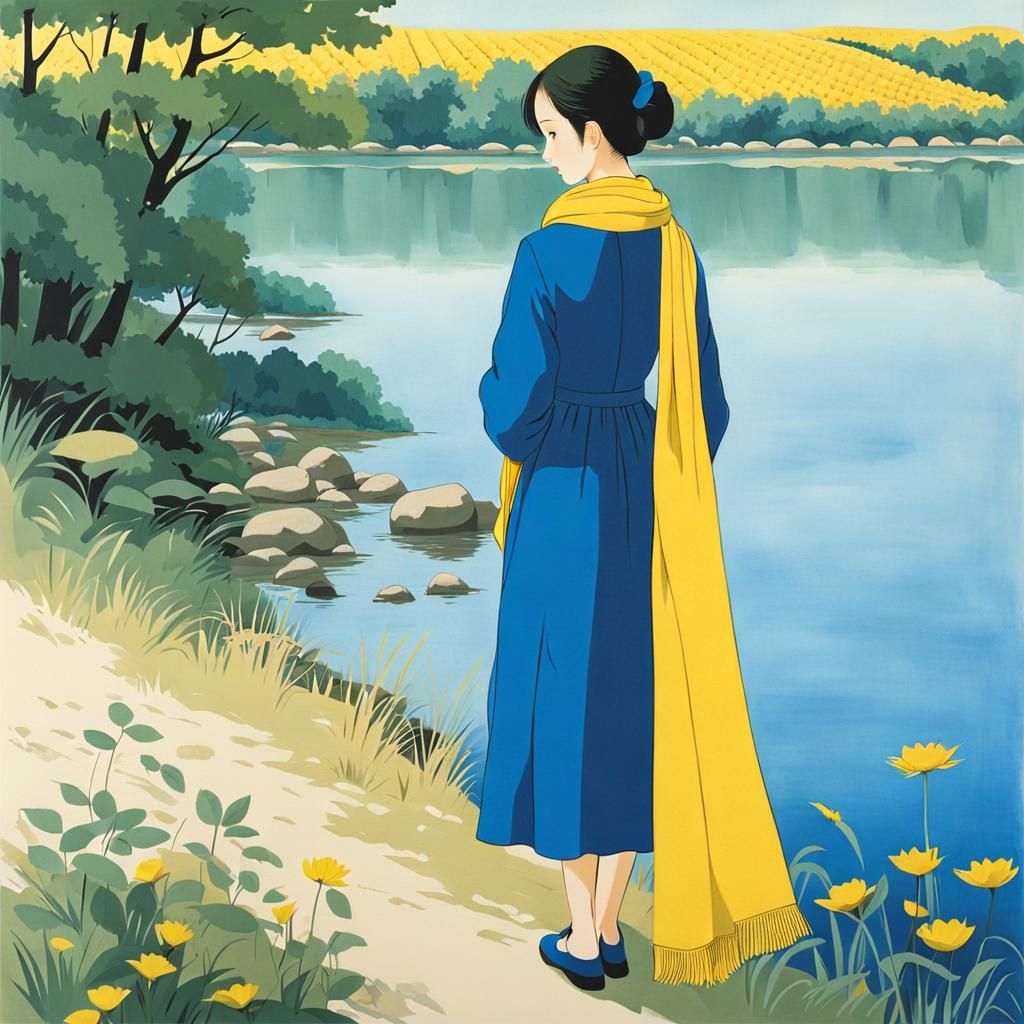Young Woman at Riverbank in Childlike Illustration Style