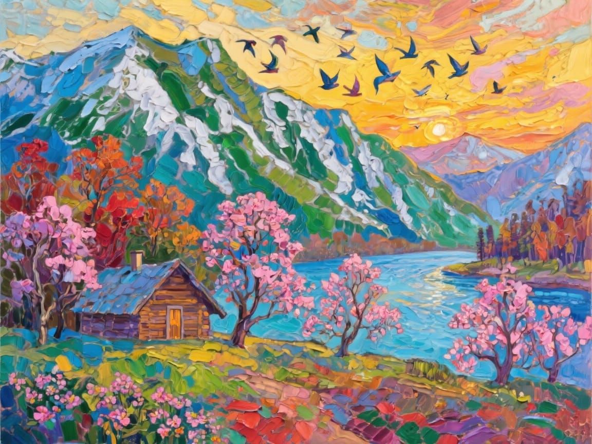 Vivid Autumn Winter Mountain Cabin Scene