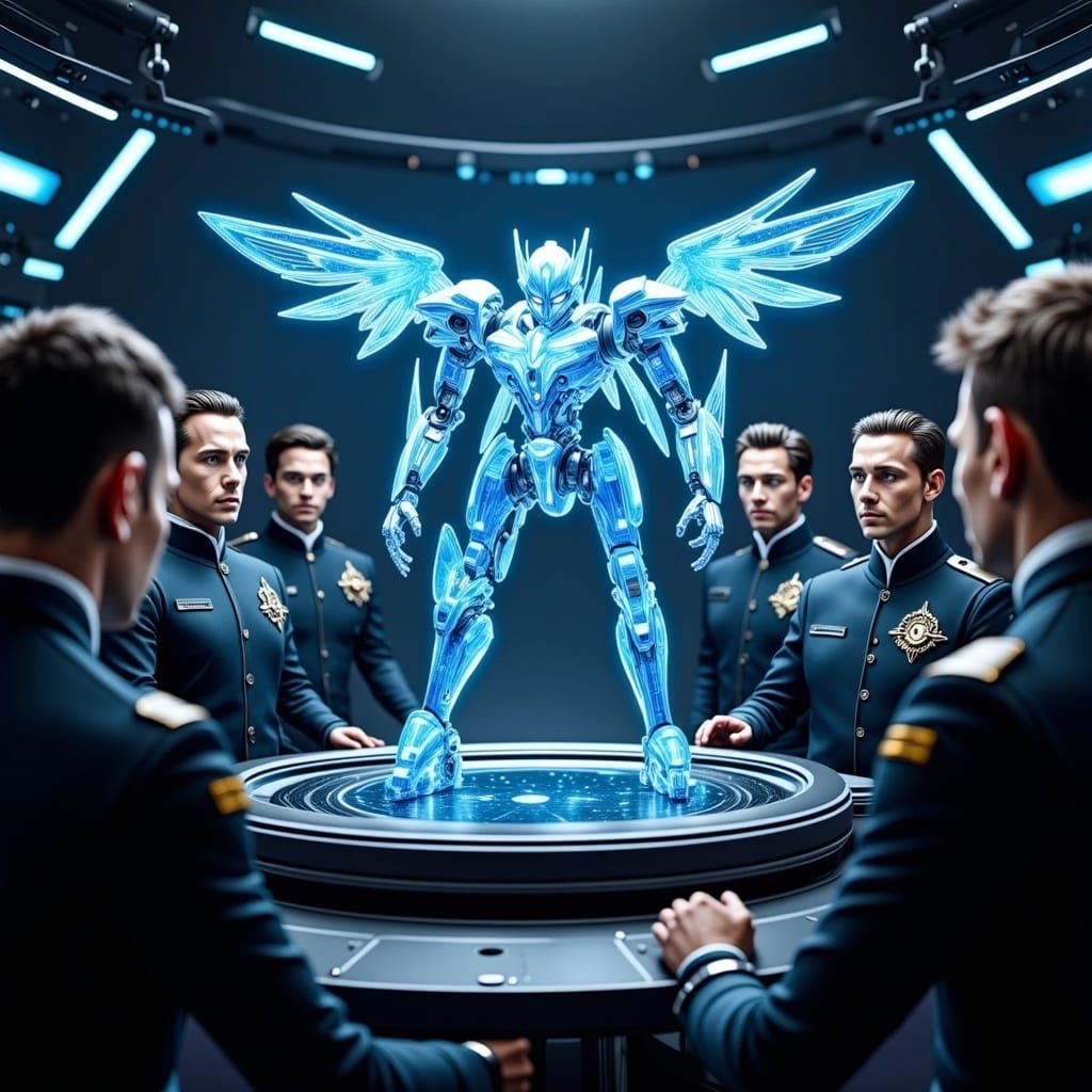 Starfleet Officers Gather Around a Futuristic Gundam