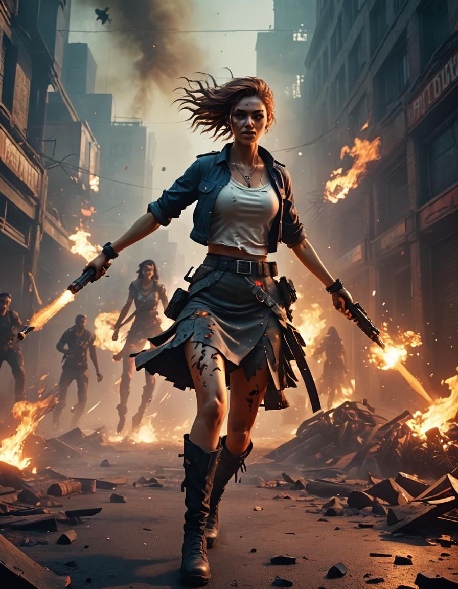 Woman Fighting Zombies in Post-Apocalyptic 3D Cinematic Scen...