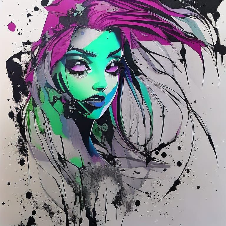 Beautiful Girl in Ink Splash Art Style