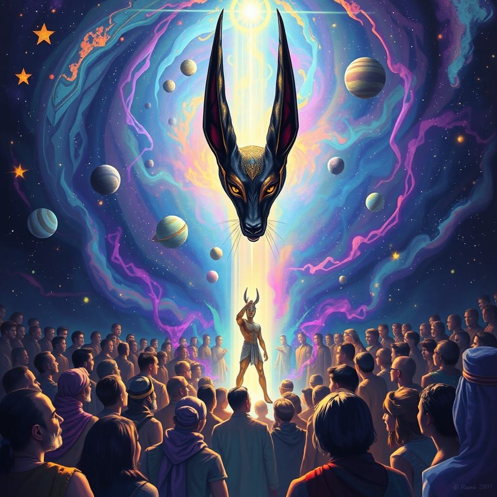 Ancient Egyptian God Anubis Surrounded by Celestial Vortex i...