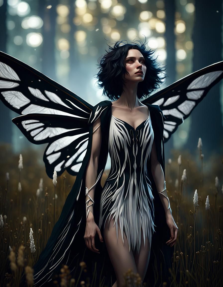 Moth Girl in Dark Meadow: Detailed Fantasy Art