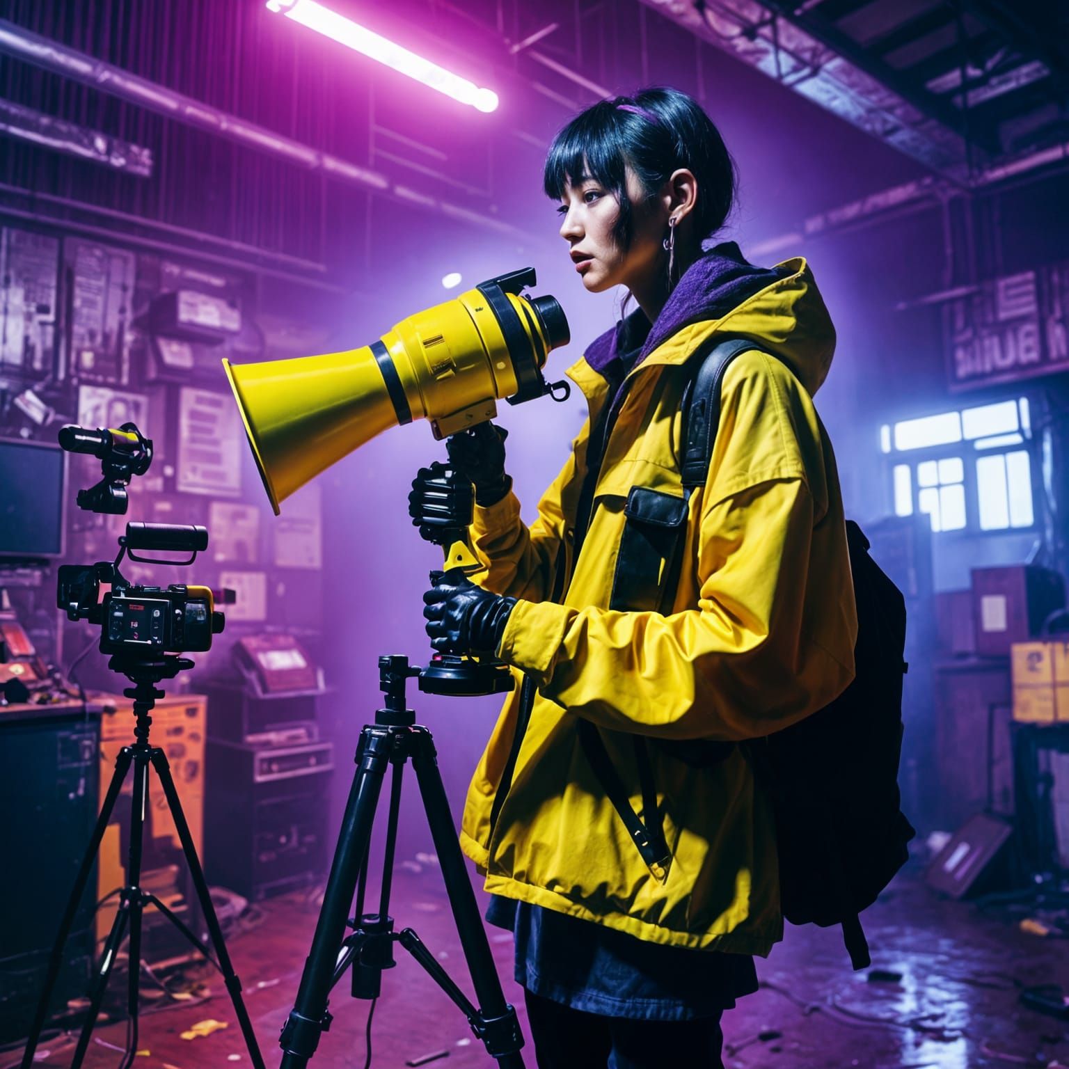 Director on Movie Set in Neo-Tokyo Neon Style