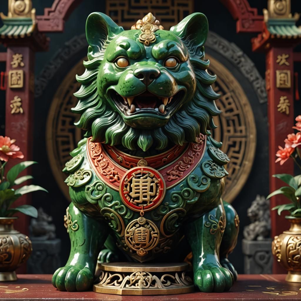 Chinese Jade Fu Dogs Sculpture in Matte Painting Style