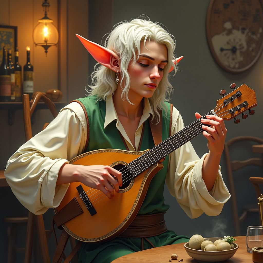 Half-Elf Bard's Tavern Performance: Art Nouveau Portrait