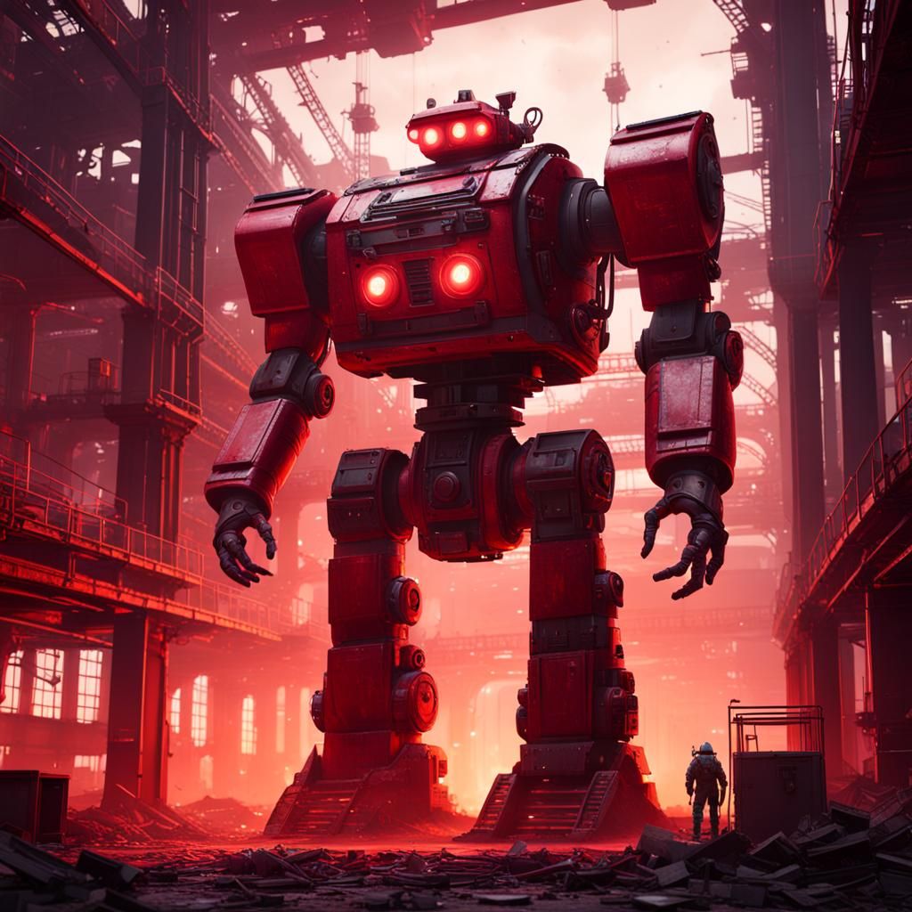 Giant Robot in Abandoned Factory: Detailed Matte Painting