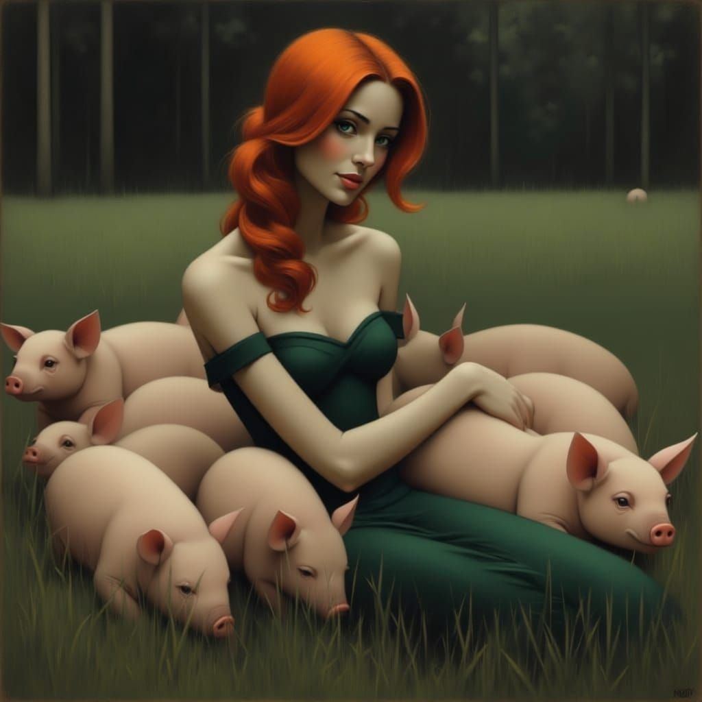 Woman in Evening Dress Cuddles Pigs on Farm