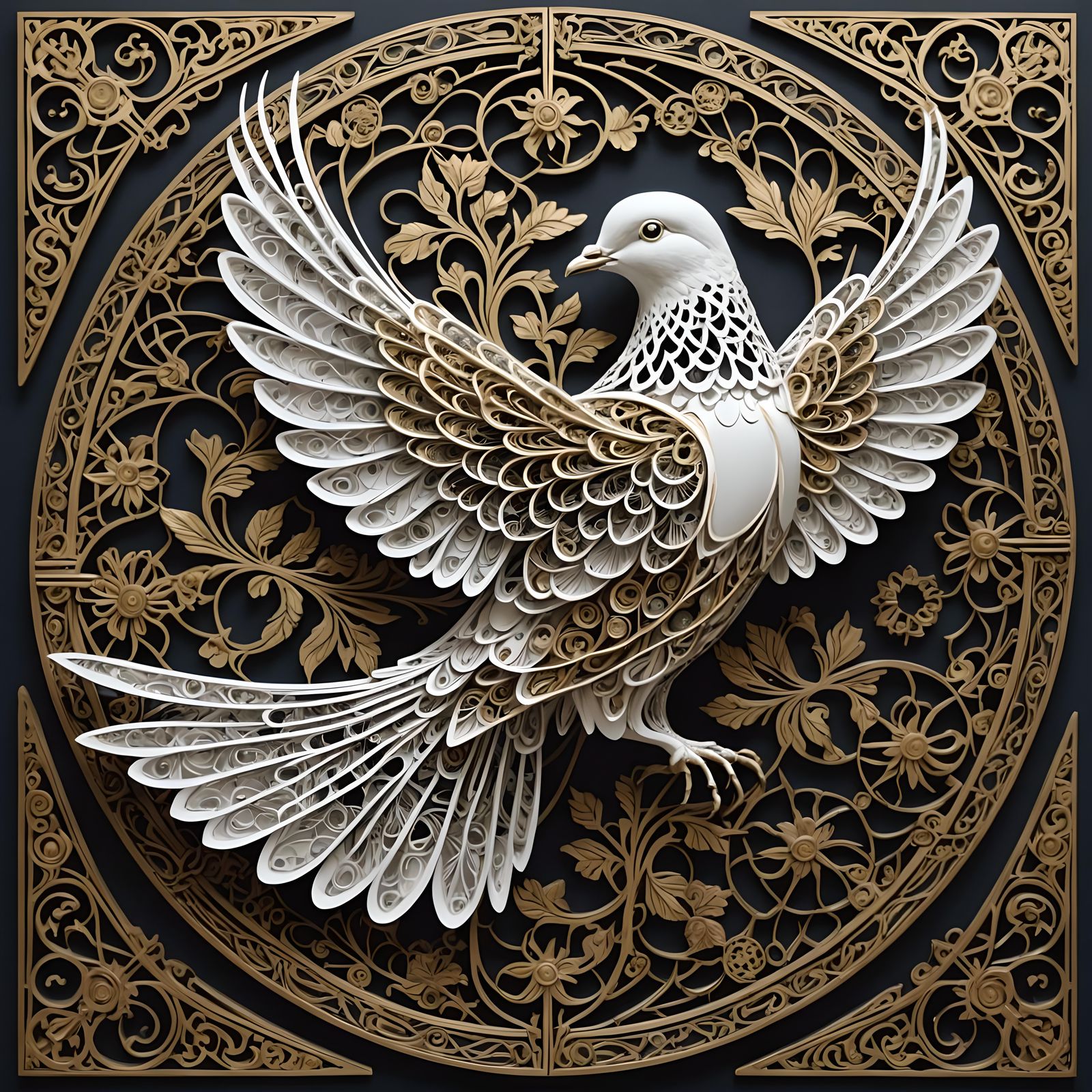 Metallic Fractal Dove in Ukiyo-e Style