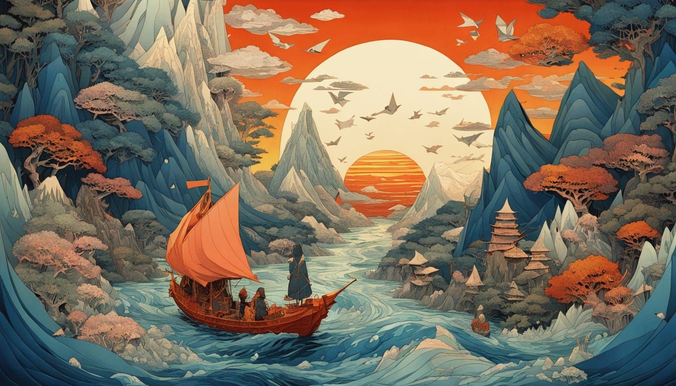 Origami Fantasy World with Paper Ships and Mountains