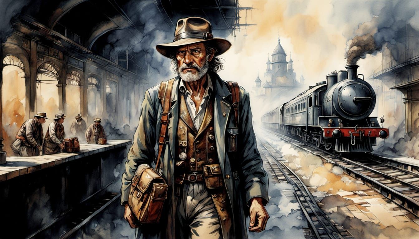 Explorer at Indian Railway Station, Watercolor Art