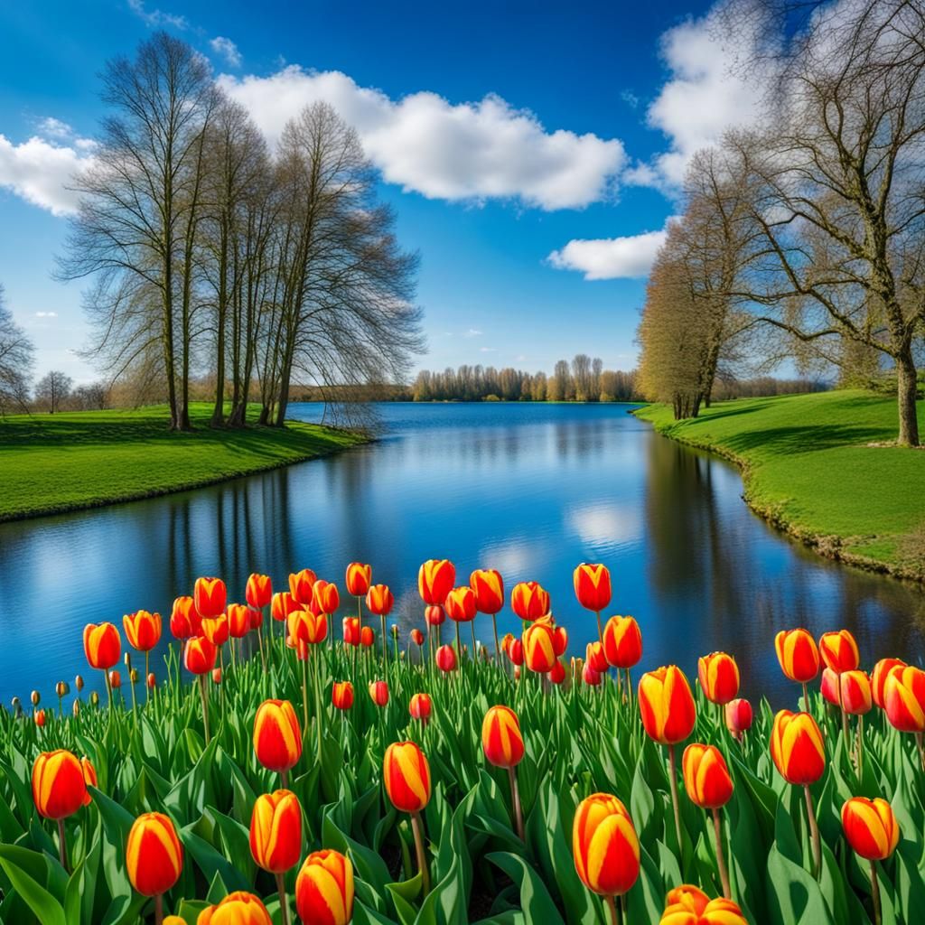 Colorful Tulips in a Field with Blue Lake