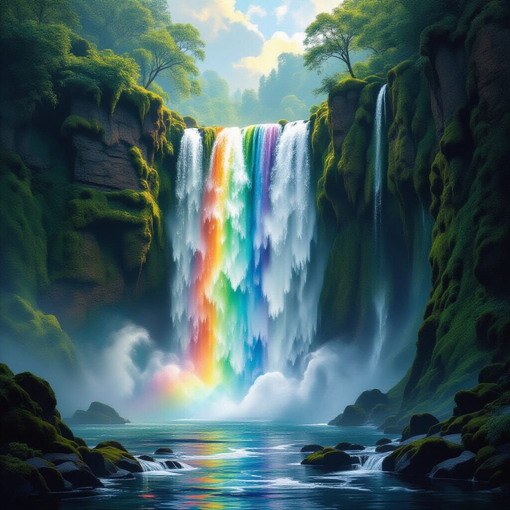 Ancient Rainbow Waterfall in Hyperrealistic Fantasy Style