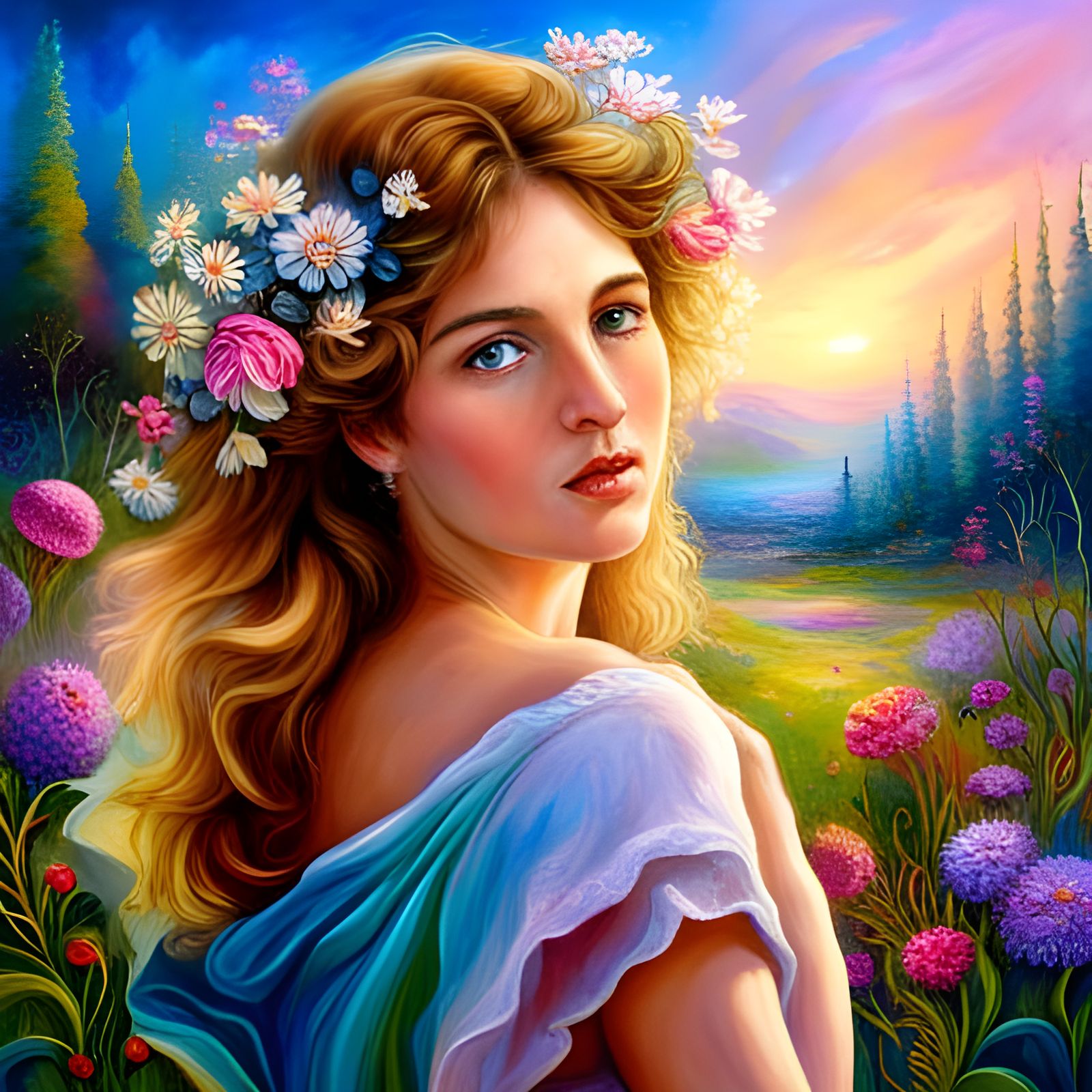 Woman in Flower Meadow: Hyperrealistic Fantasy Art