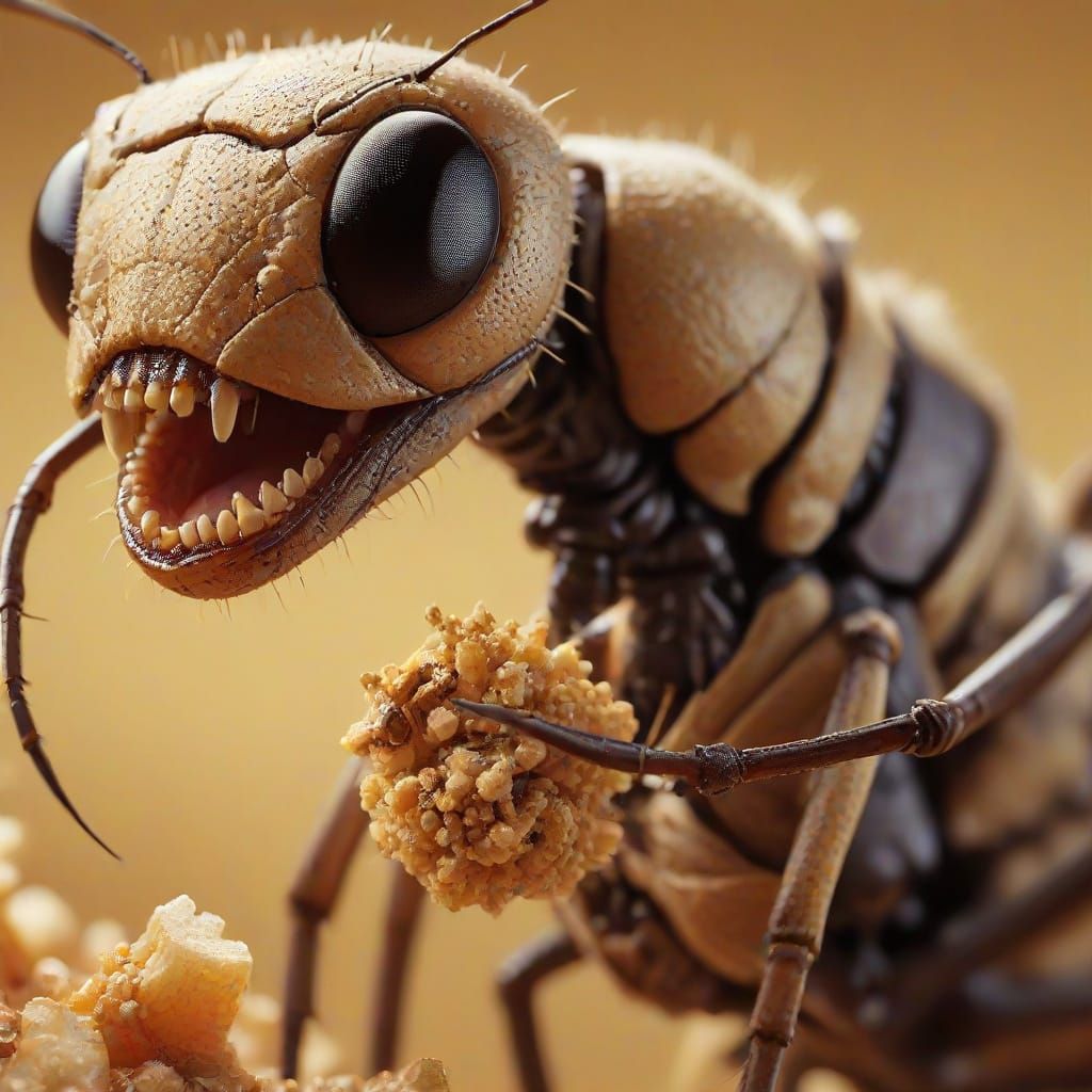 Hyperrealistic Ant Carries Crumb: Macro Digital Art