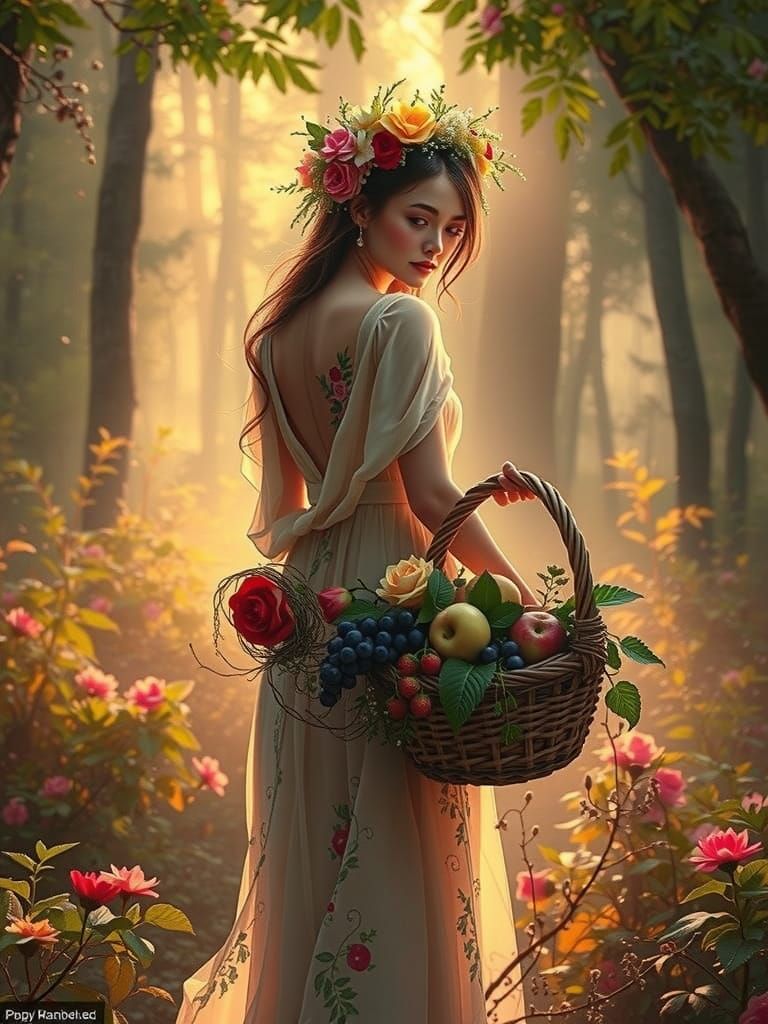 Young Woman Wandering in Lush Forest, Morning Light