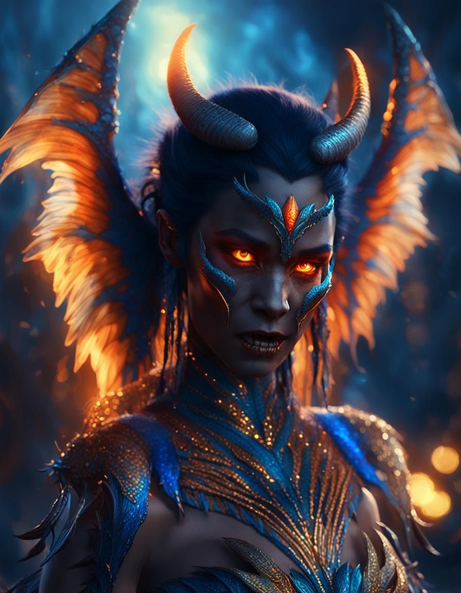 Winged Demoness with Fangs: Dark Fantasy Art