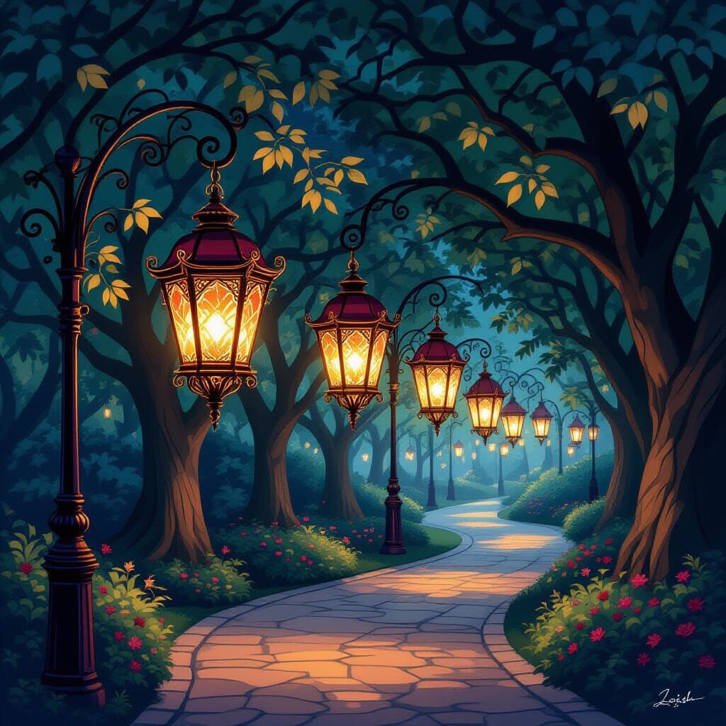 Burgundy Lanterns in Whimsical Night Park
