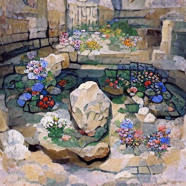 Flower Garden in Stone Courtyard: Naive Art Style