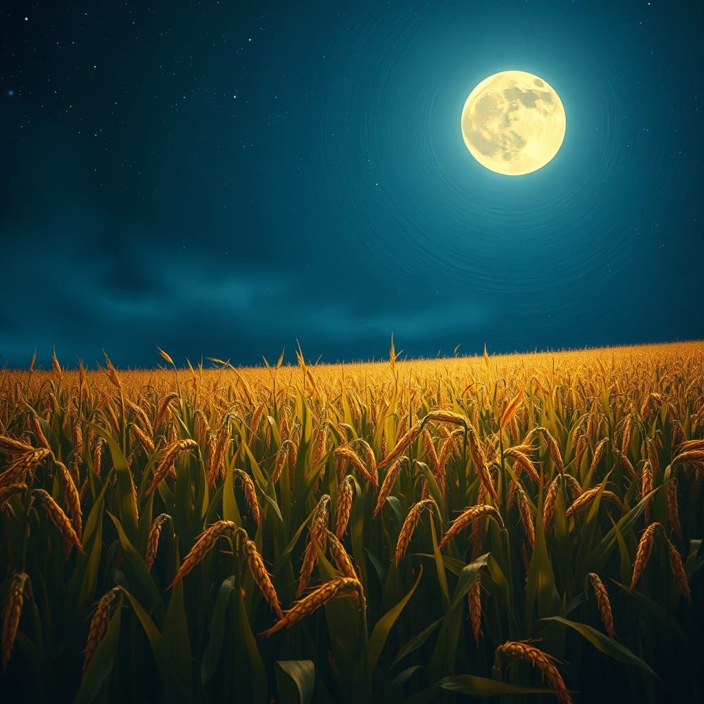 Golden Corn Field Under Starry Night Sky in Impressionist St...